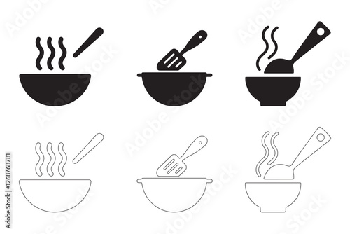 Soup Bowl icons set simple clean and smooth Solid and Outline Styles vector icons in black on a white background.
