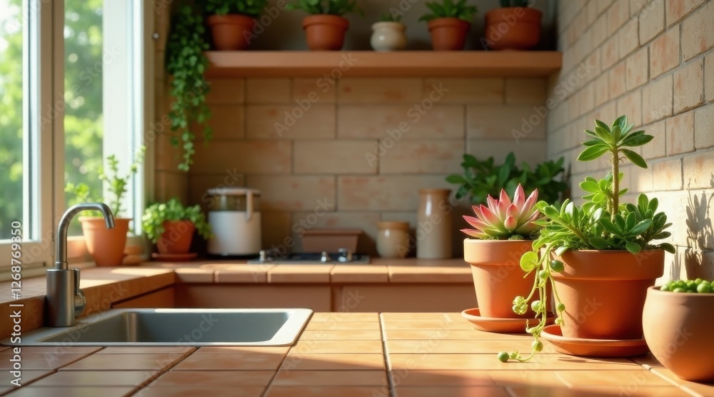 Sunlit Kitchen Counter with Vibrant Succulents in Terracotta Pots Sunlit Kitchen Counter with Vibrant Succulents in Terracotta Pots