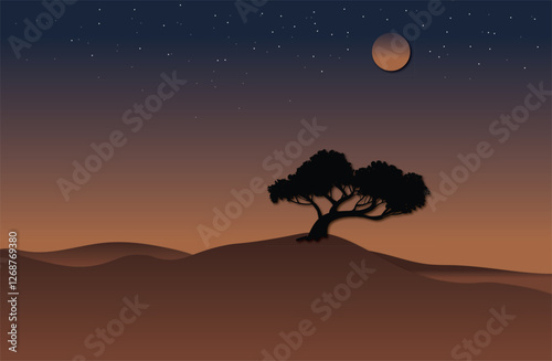 3D illustration of desert landscape and dim moonlight in fantasy style. Vector background illustration.