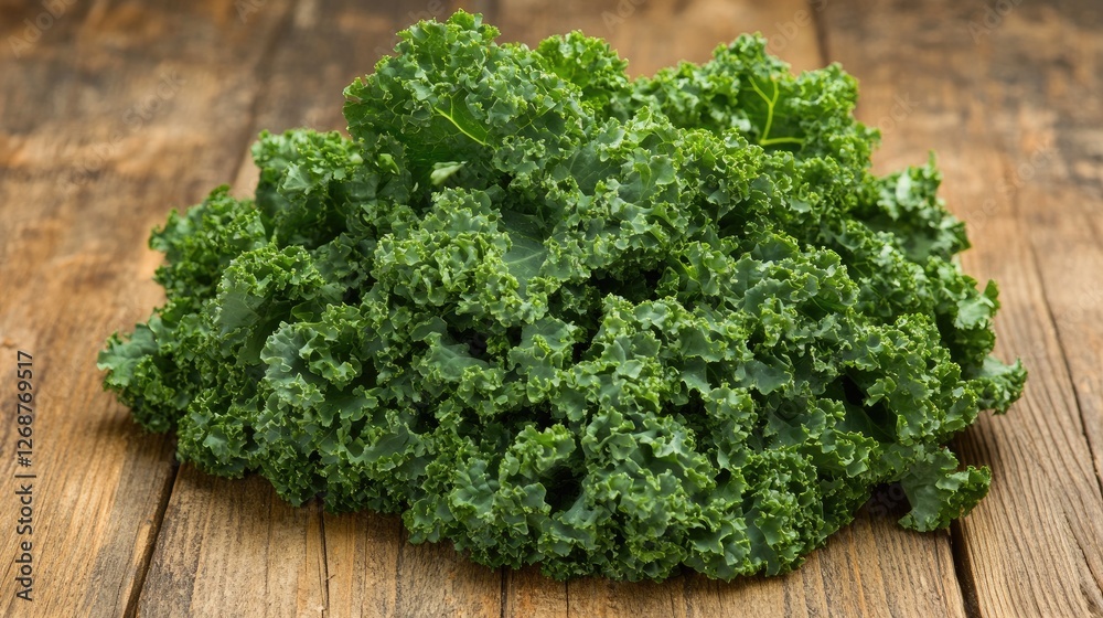 A close-up of a small pile of curly kale on a wooden table, creating a vibrant and fresh aesthetic with plenty of copy space A close-up of a small pile of curly kale on a wooden table, creating a vibrant and fresh aesthetic with plenty of copy space