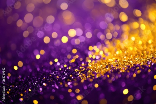 Purple and gold shimmering bokeh lights for festive holiday celebrations, ideal for mardi gras, christmas, or new year events and vibrant party decoration themes
