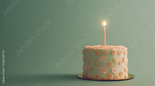 A pastel peach-colored cake with a floral pattern, a single tall candle, agnst a muted green background. photo