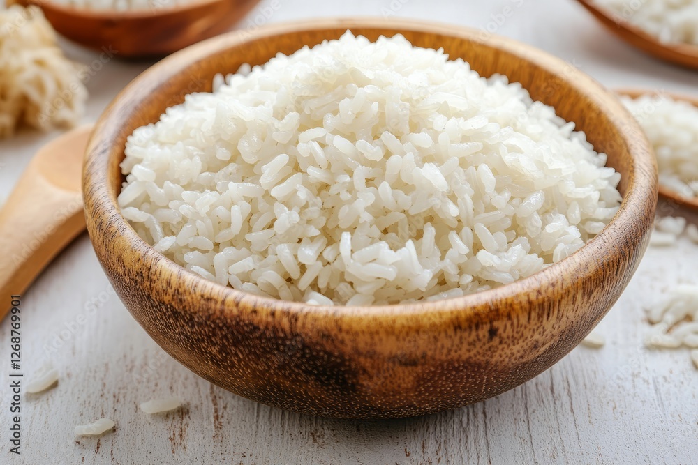Wooden bowl is brimming with fluffy, perfectly cooked white rice, ready to be served on a rustic table