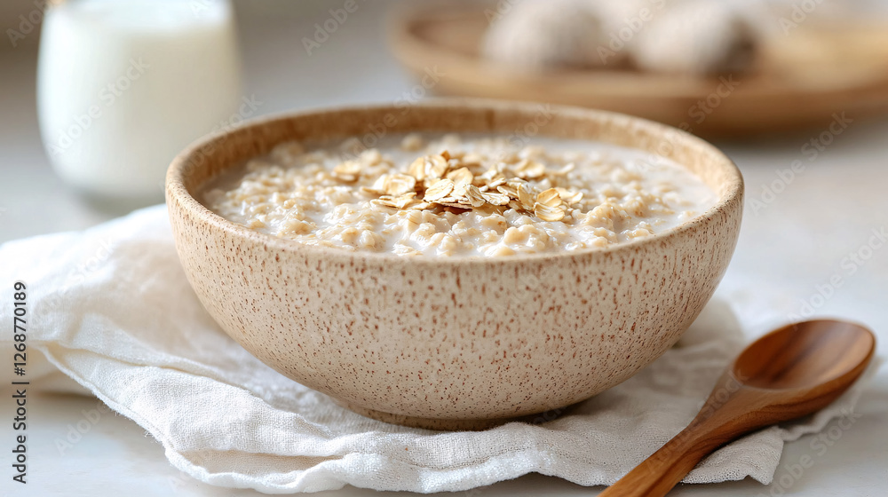 Bowl with oat porridge with wooden spoon on white background Bowl with oat porridge with wooden spoon on white background