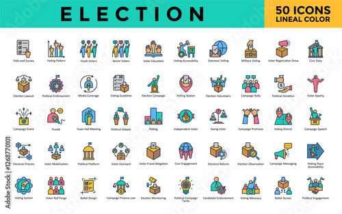Election icons set with polls and survey, voting pattern, youth voters, senior voters, voter education, voting accessibility, overseas voting, military voting icon. Simple lineal color vector 
