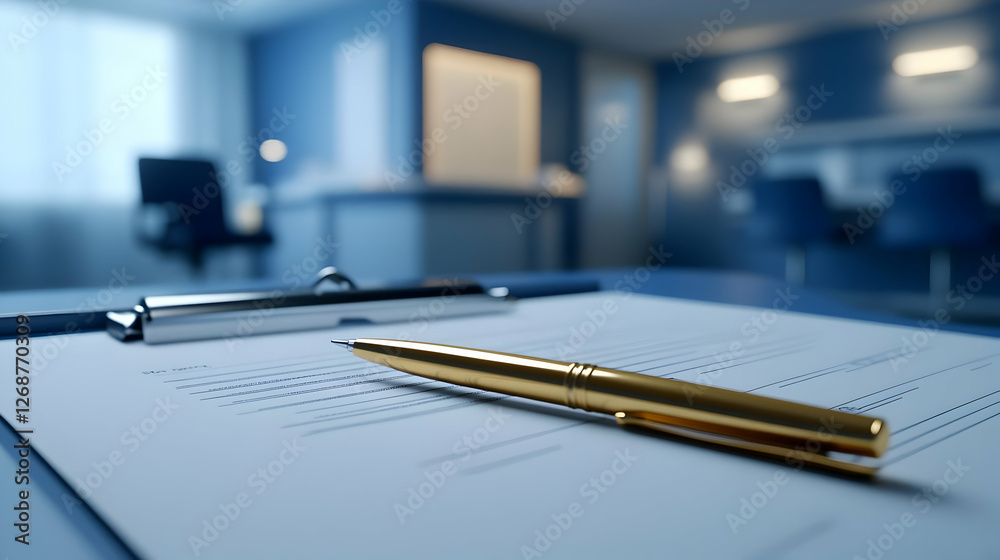 A close-up view of a pen resting on a document in a modern office setting. A close-up view of a pen resting on a document in a modern office setting.