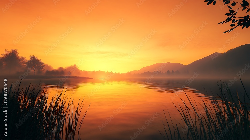 Obraz premium A peaceful lake with the soft reflection of a glowing orange sky during sunset.