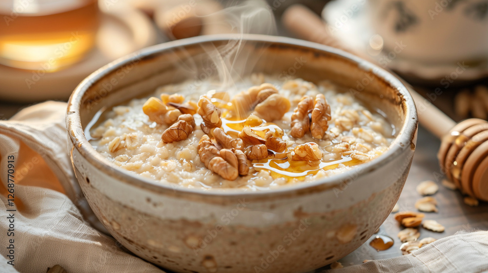 Warm oatmeal with honey and walnuts in a rustic ceramic bow Warm oatmeal with honey and walnuts in a rustic ceramic bow