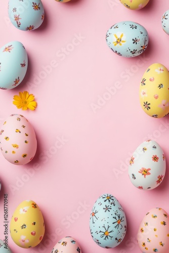 Colorful easter eggs decorated with floral patterns, creating a festive spring atmosphere, with space for text, vertical