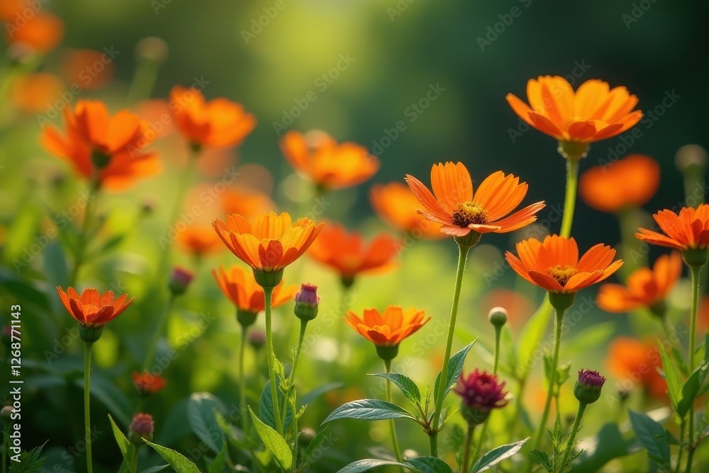 Vibrant orange wildflowers bathed in soft sunlight, creating a breathtaking natural scene of delicate petals and lush greenery in a picturesque meadow Vibrant orange wildflowers bathed in soft sunlight, creating a breathtaking natural scene of delicate petals and lush greenery in a picturesque meadow
