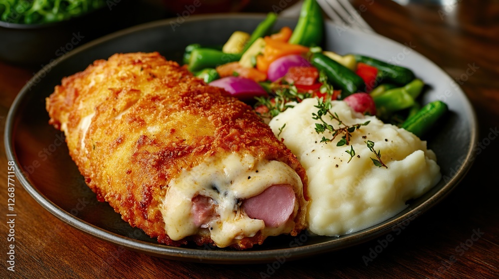 Crispy Chicken Cordon Bleu with melted Swiss cheese and ham inside, served with mashed potatoes and fresh vegetables Crispy Chicken Cordon Bleu with melted Swiss cheese and ham inside, served with mashed potatoes and fresh vegetables