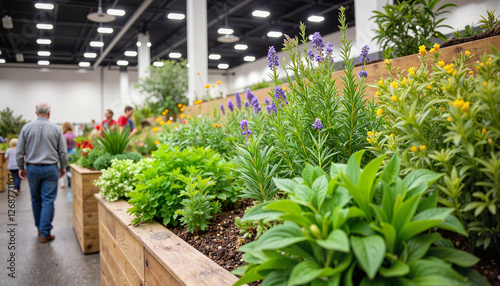 Visitors exploring fragrant herb garden at garden expo, sensory delight