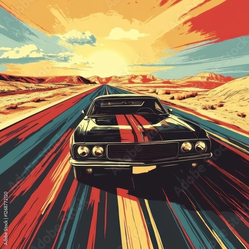 Retro muscle car speeding down a desert road at sunset