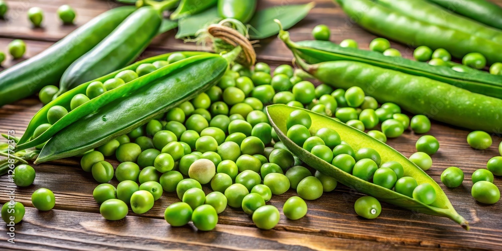 Fresh Green Peas and Pods on Wooden Surface with Natural Lighting Fresh Green Peas and Pods on Wooden Surface with Natural Lighting