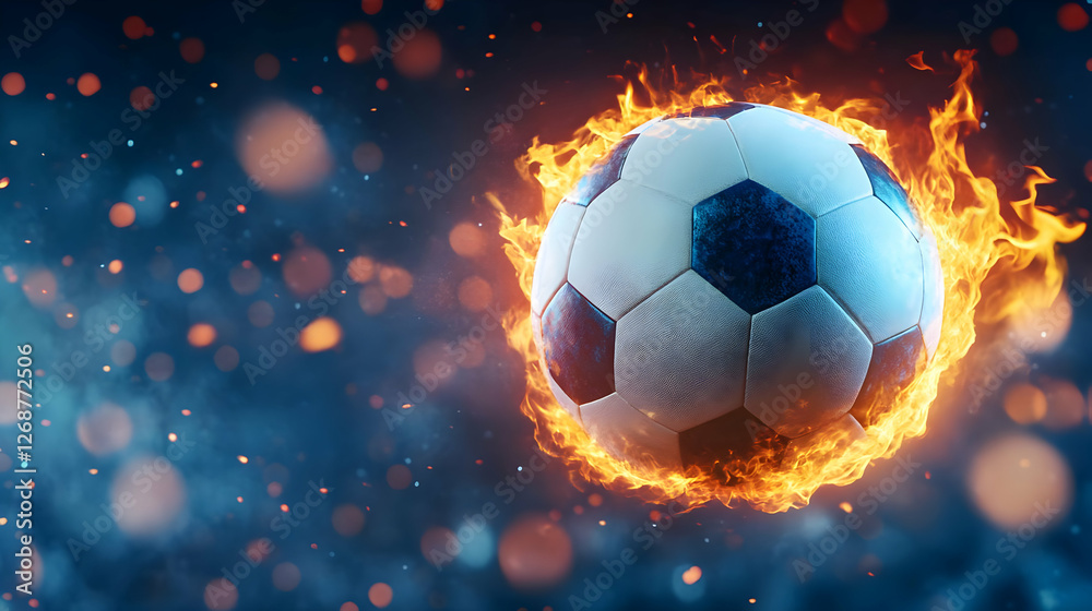 Naklejka premium A dynamic image of a burning soccer ball surrounded by vibrant flames and light.