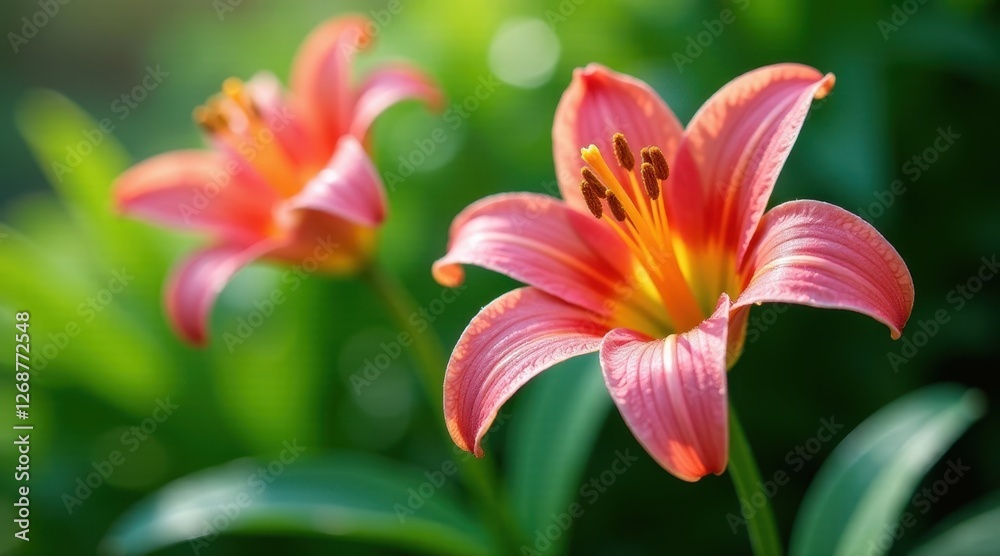 Delicate coral lilies in vibrant sunlight, showcasing intricate petal details and a lush green backdrop Delicate coral lilies in vibrant sunlight, showcasing intricate petal details and a lush green backdrop