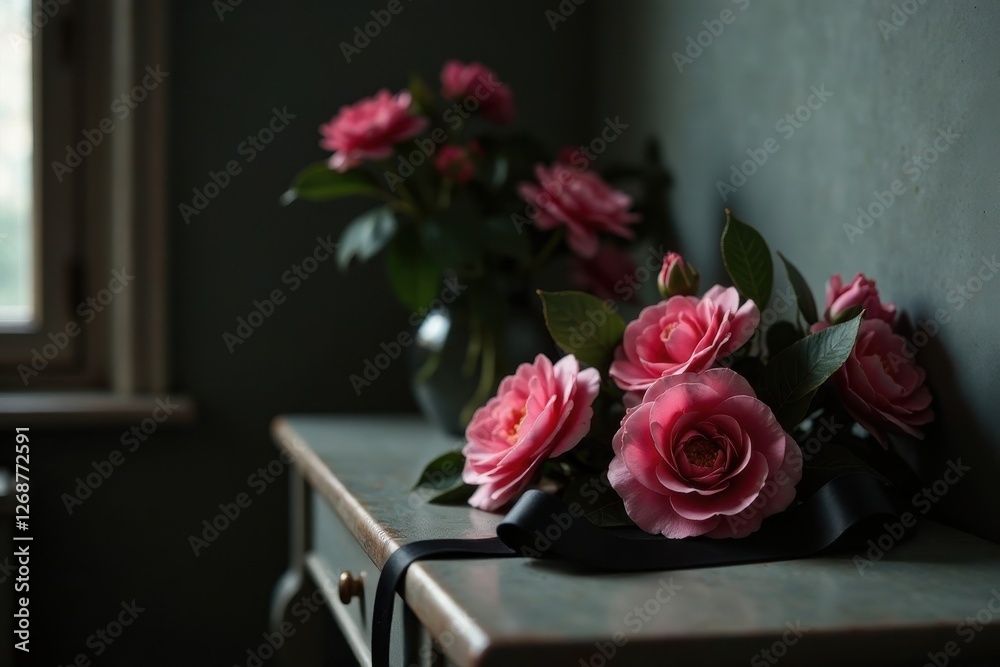 Obraz premium Delicate pink blossoms arranged on an antique wooden surface with a dark ribbon