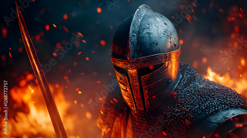 A fierce knight in armor stands amidst flames, embodying bravery and resilience.