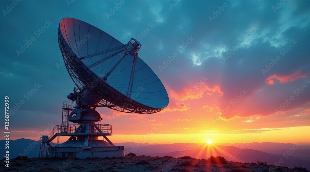 Giant parabolic antenna silhouetted against a vibrant sunset over a mountain range, capturing the essence of exploration and communication across vast distances. Giant parabolic antenna silhouetted against a vibrant sunset over a mountain range, capturing the essence of exploration and communication across vast distances.