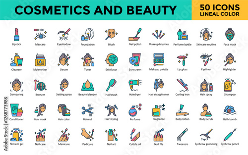Cosmetics and Beauty icons set with lipstick, mascara, eyeshadow, foundation, blush, nail polish, makeup brushes, perfume bottle, skincare routine, face mask icon. Simple lineal color vector 
