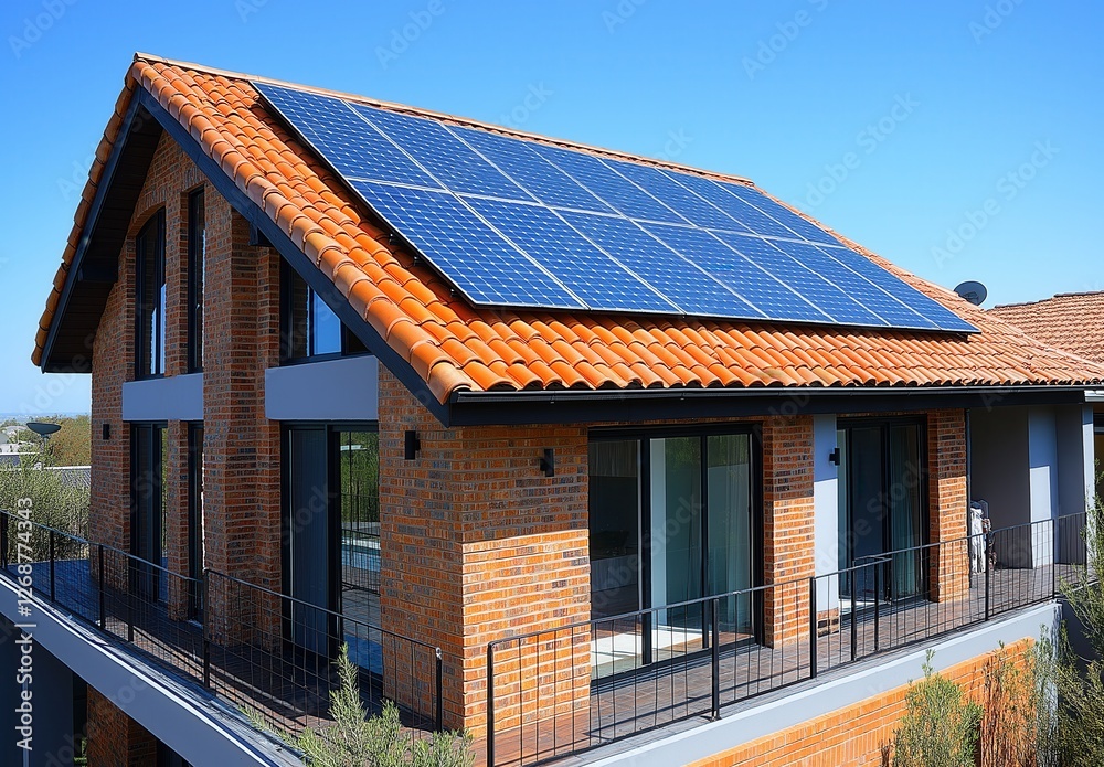 Fototapeta premium The roof of the residential building is equipped with solar panels.