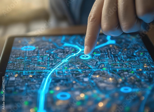 Interactive Digital Map Interface Showing City Navigation and Location Services on Tablet