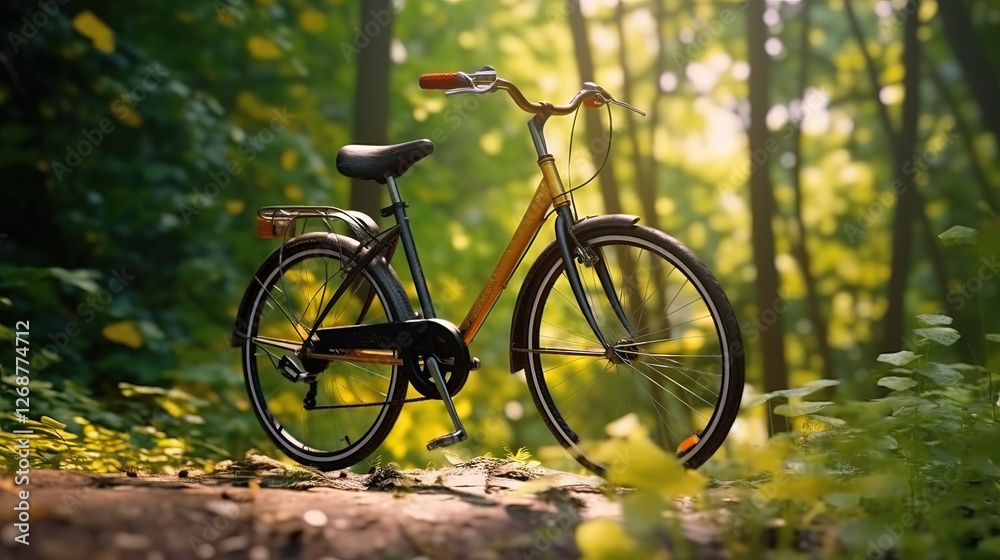 Fototapeta premium Spring Summer Park with Bicycle Beneath Dense Tree Foliage in Sunlight