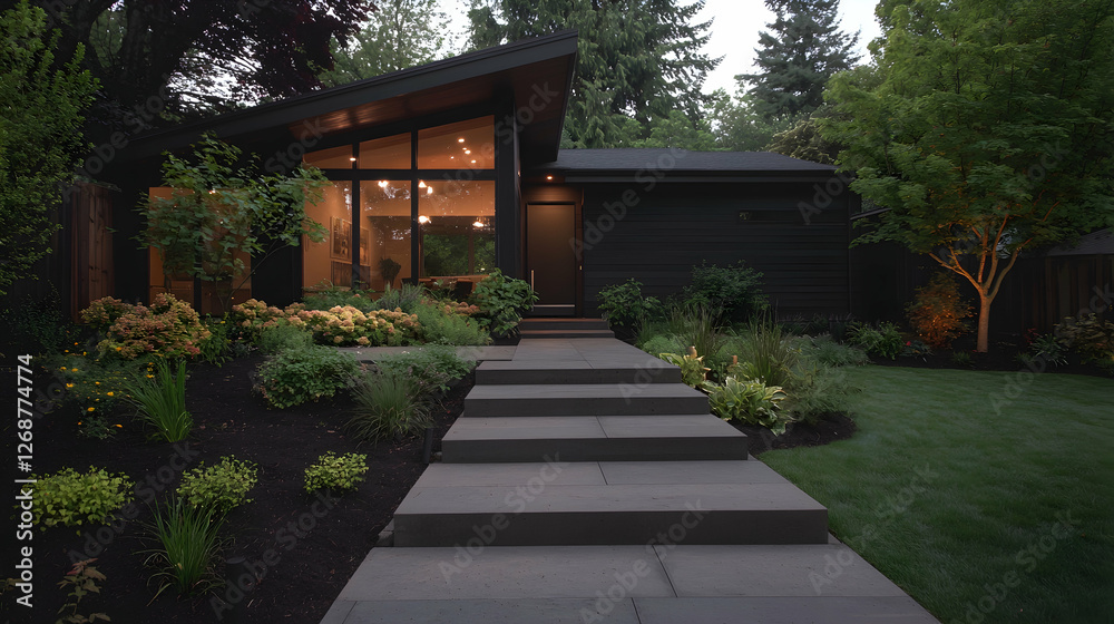 Modern home exterior, landscaped walkway, evening lighting, lush greenery Modern home exterior, landscaped walkway, evening lighting, lush greenery
