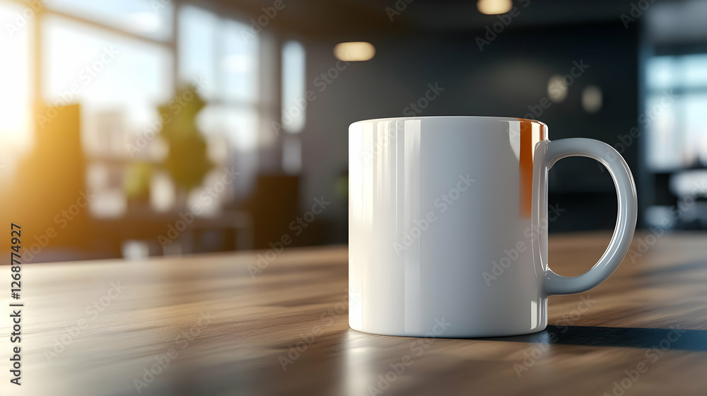 Fototapeta premium A modern coffee mug sitting on a wooden table capturing sunlight in a cozy environment.