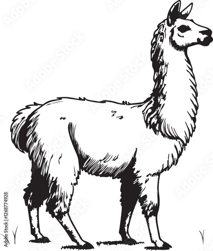 Llama Line Art: A majestic llama, rendered in elegant black and white line art, stands proudly against a simple background.