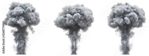 Three large gray smoke explosions isolated on black background with varied shapes and sizes