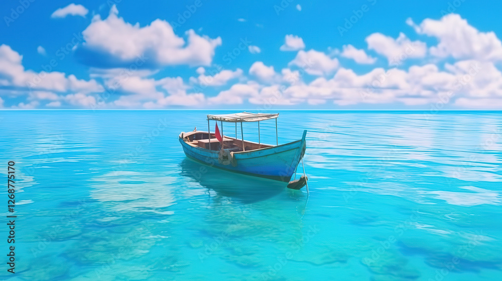 Tropical Island and Boat on Clear Turquoise Water Under Blue Skyline Tropical Island and Boat on Clear Turquoise Water Under Blue Skyline