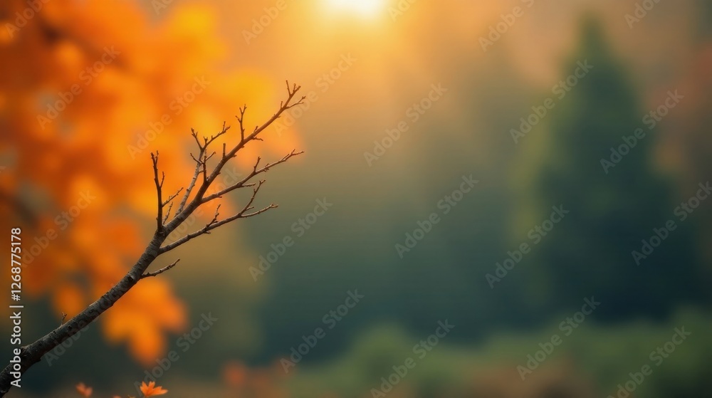 Obraz premium Serene autumnal scene featuring a solitary, leafless branch silhouetted against a backdrop of vibrant, out-of-focus foliage bathed in the warm glow of the setting sun.