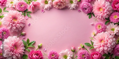 Pink Floral Frame Border, Flat Lay Mockup, Pink Background, Copy Space, Feminine Design, Wedding Invitation Template