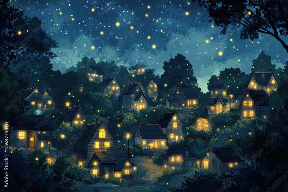 Animated village glows under a starry night sky above Animated village glows under a starry night sky above