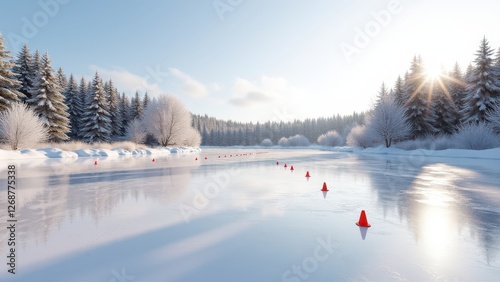 Group skating, Snowy meadow with evergreen trees markers on frozen pond for skating.