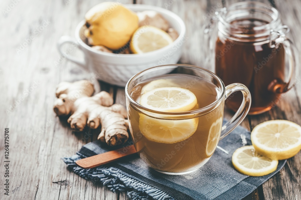 Hot ginger tea drink with lemon - natural medicine remedy for cold days Hot ginger tea drink with lemon - natural medicine remedy for cold days