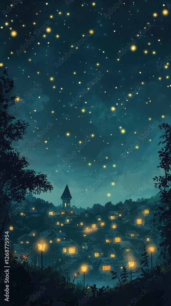 Naklejka premium A charming village glows under a mesmerizing starlit night