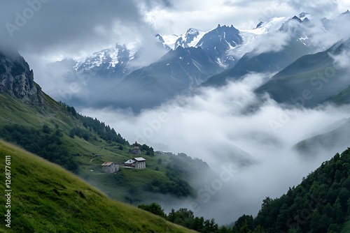 Mountain landscape in the clouds. Caucasus, Dombai. photo