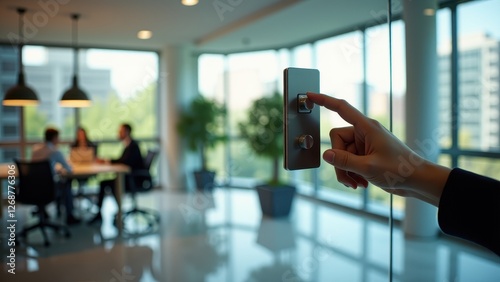 Wallpaper Mural Hand turning off a switch, Hand in modern office reaching for switch Torontodigital.ca