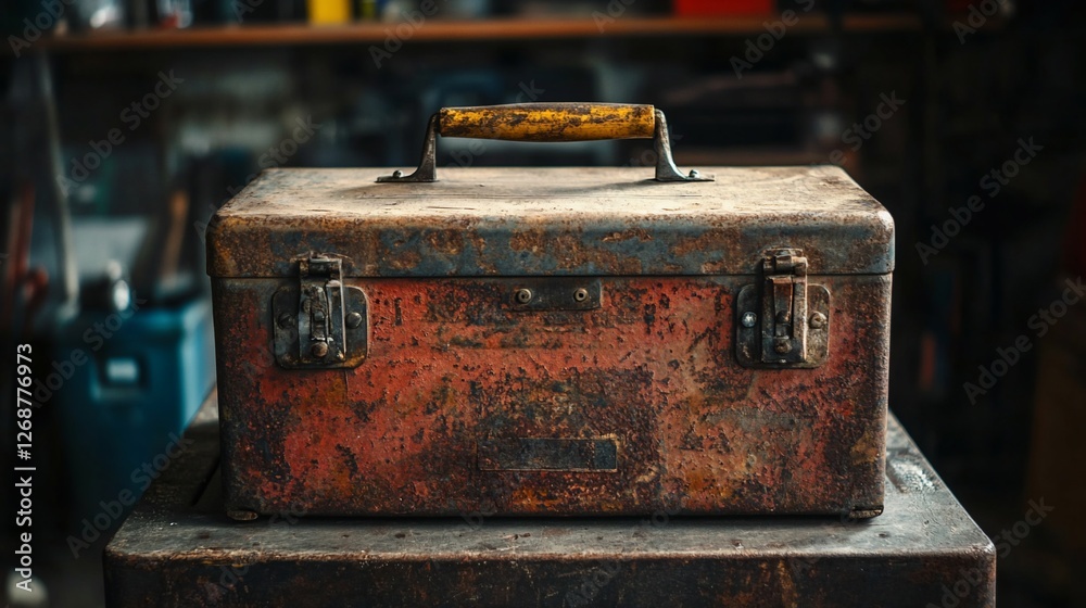 Weathered Tool Chest: A Relic of Time and Craftsmanship in Detail Weathered Tool Chest: A Relic of Time and Craftsmanship in Detail