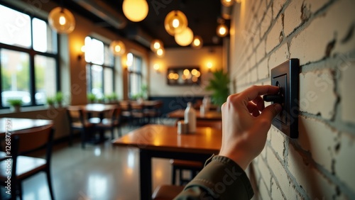 Hand turning off a switch, Hand turning off decorative switch in cafe