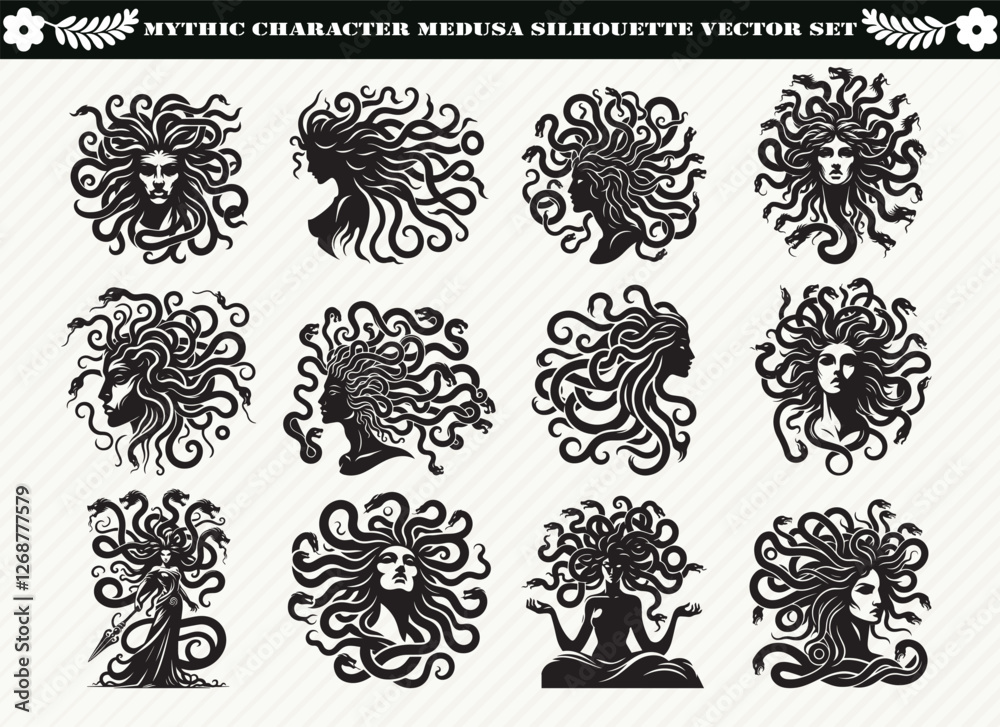 Fototapeta premium Mythic Character Medusa Silhouette Vector Set