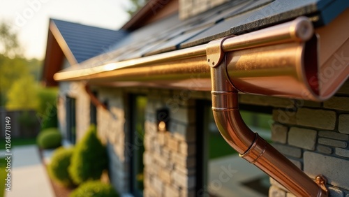 Home gutter system, Stone facade home with a sunlight-reflecting copper gutter system