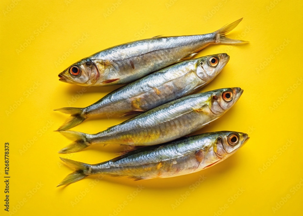 Aerial Drone Shot: Three Sardines on Vibrant Yellow Background Aerial Drone Shot: Three Sardines on Vibrant Yellow Background