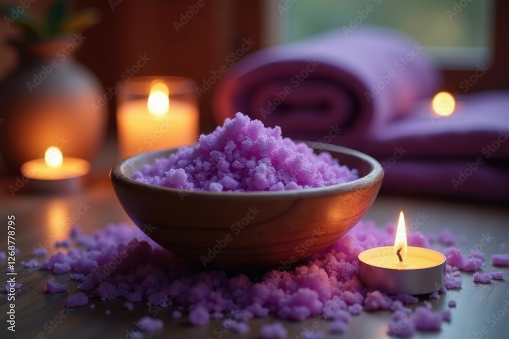 Relaxing Lavender Bath Salts with Candlelight Ambiance in Wooden Bowl Relaxing Lavender Bath Salts with Candlelight Ambiance in Wooden Bowl