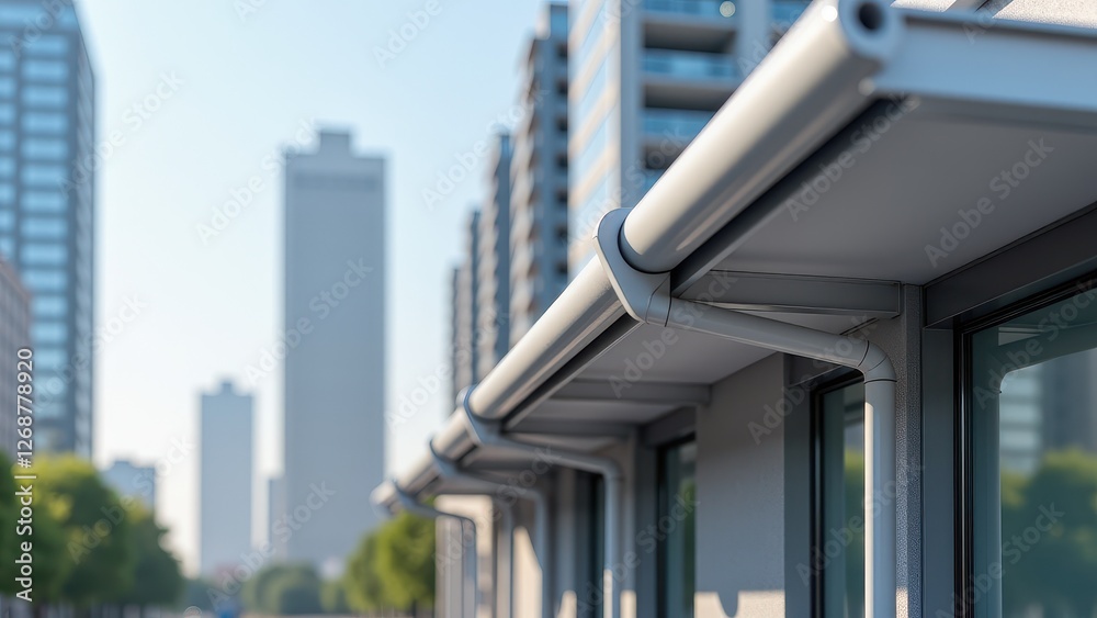 Fototapeta premium Home gutter system, Urban high-rise with a close-up aluminum gutter on a building