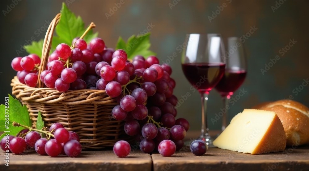 Fototapeta premium A basket of ripe red grapes sits beside two glasses of red wine and a wedge of cheese with bread. The rustic wooden table setting evokes a sense of simple elegance and leisurely enjoyment.