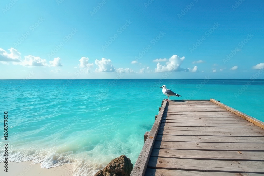 Serene Coastal Vista A Solitary Seabird Perched on a Wooden Jetty, Gazing Across a Tranquil Turquoise Ocean Under a Bright Summer Sky Serene Coastal Vista A Solitary Seabird Perched on a Wooden Jetty, Gazing Across a Tranquil Turquoise Ocean Under a Bright Summer Sky
