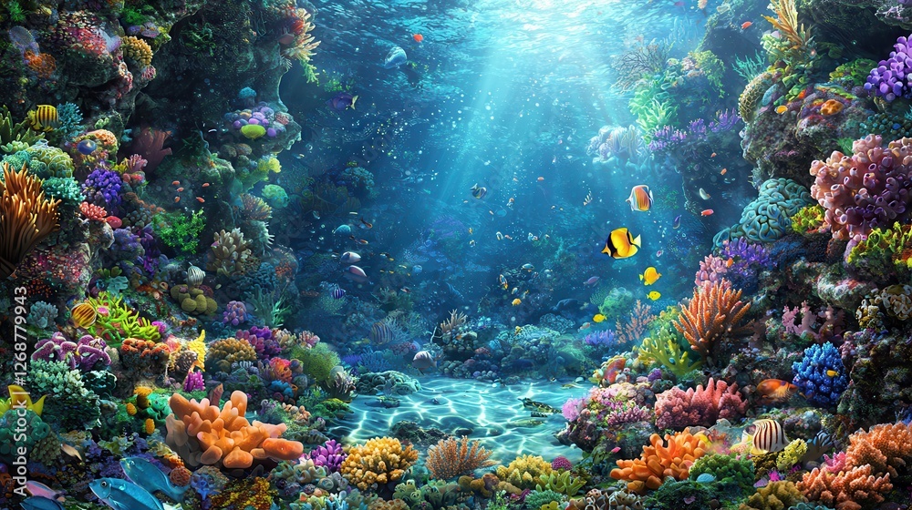 Fototapeta premium Vibrant Underwater Coral Reef Scene with Colorful Fish
